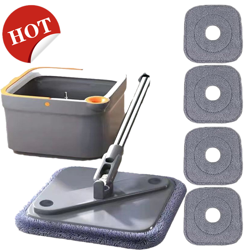 Mop bucket + reinforcing rod +4 mops, household one-mop clean, automatic rotating no-hand-wash mop, lazy person's water-absorbing flat mop baolia