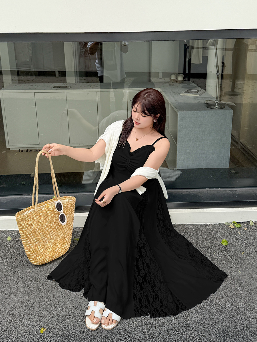 XX160 Summer plus size spring and summer elegant gentle splicing long suspender dress fleshy girl temperament lace dress
