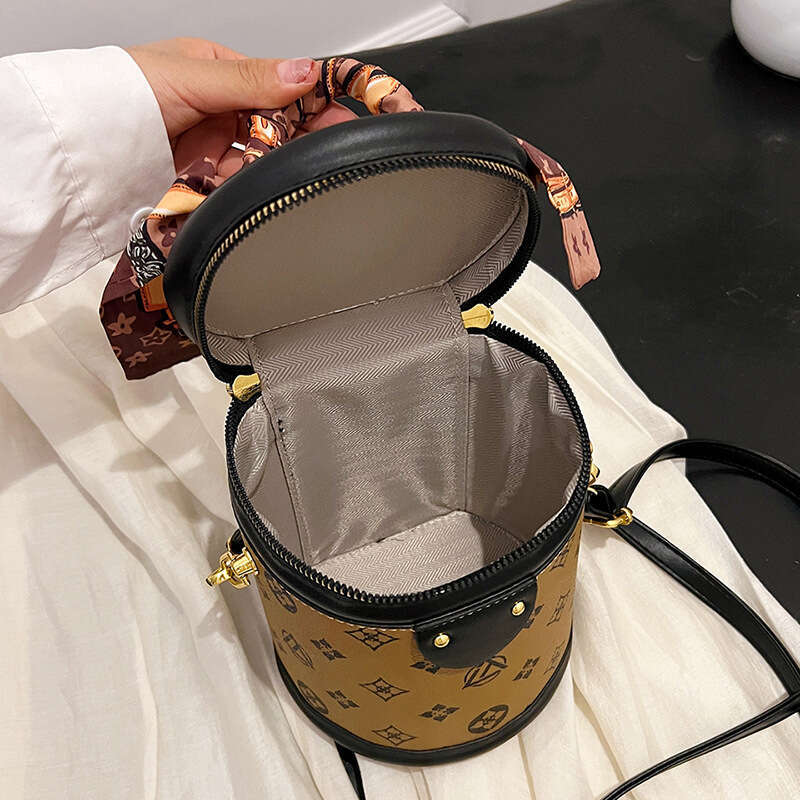 High end women's fashionable printed small with silk scarf, cylindrical bag, versatile handbag, simple single shoulder crossbody bag