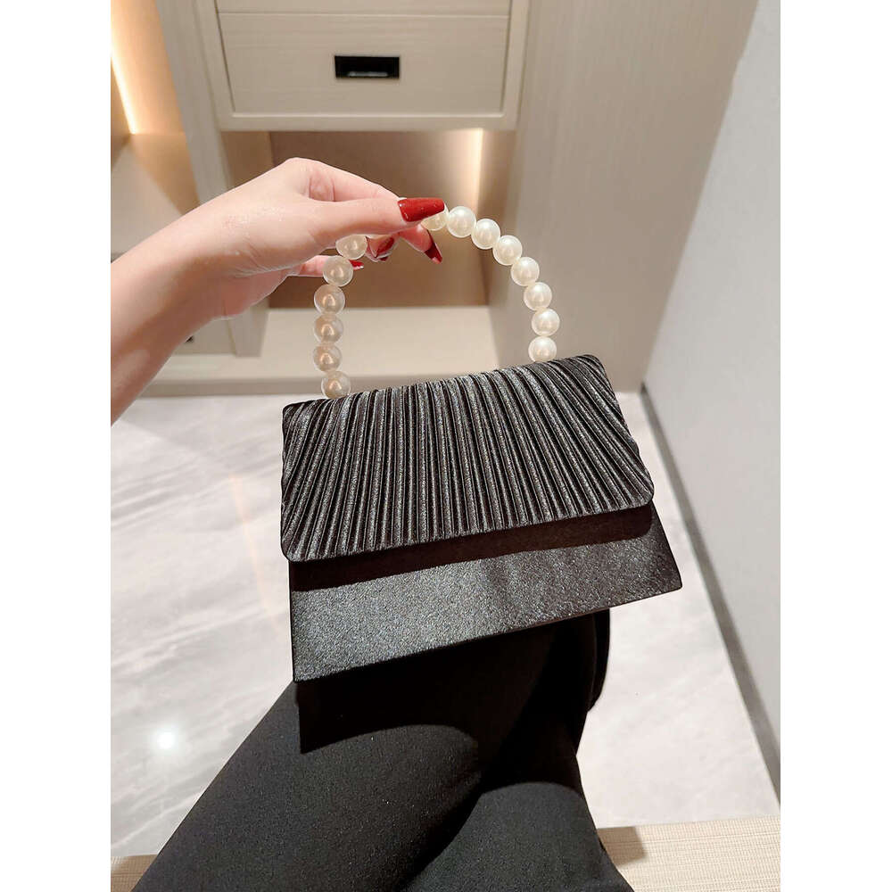 Dinner Bag New Satin Banquet Pearl String Handbag Formal Dress Elegant Pleated Flap Bag Socialite Small Square Bag KQ