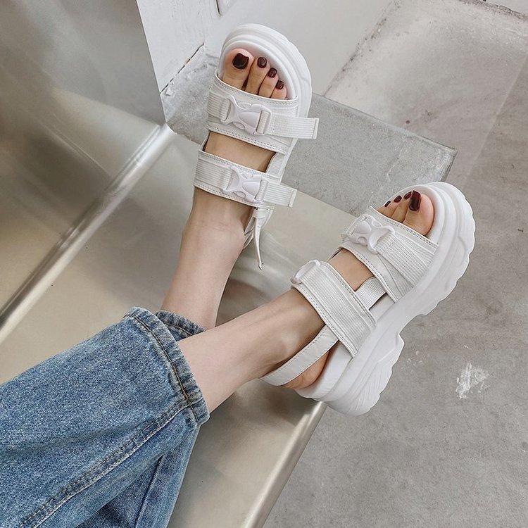 Aphixta 8cm platform sandals womens wedge high heels womens buckle leather canvas summer Zapatos unprinted wedge womens sandals 250228