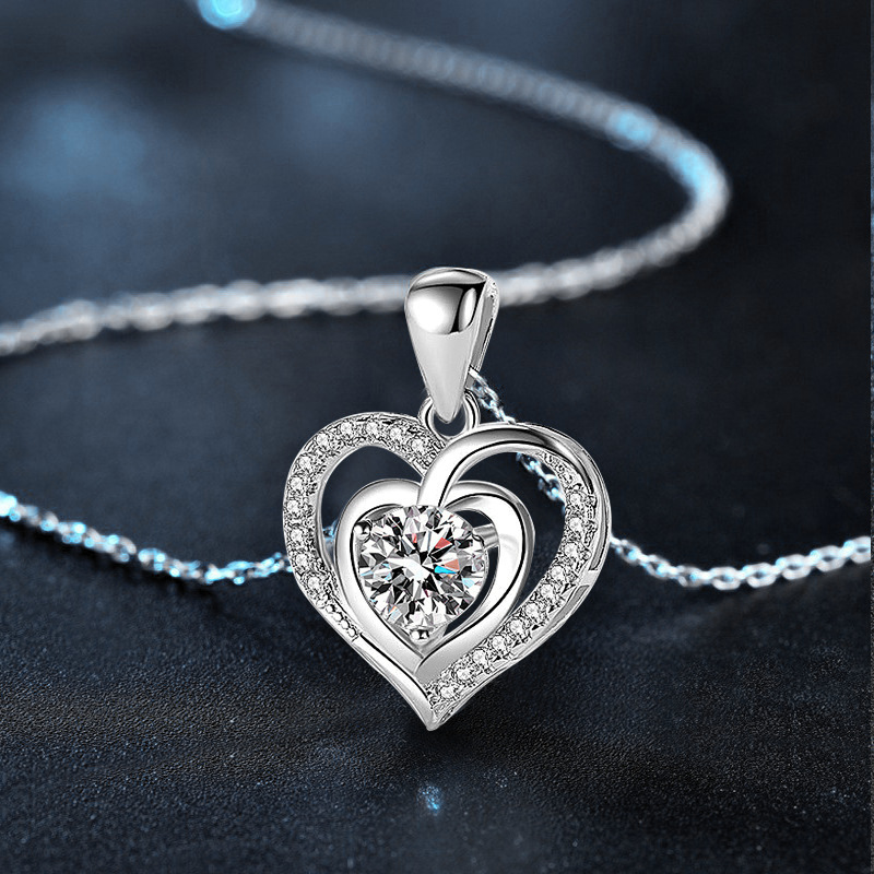 925 Sterling Silver Double Heart Moissanite Pendant Necklace Romantic Lock Collarbone Jewelry Gift for Girlfriend Birthday