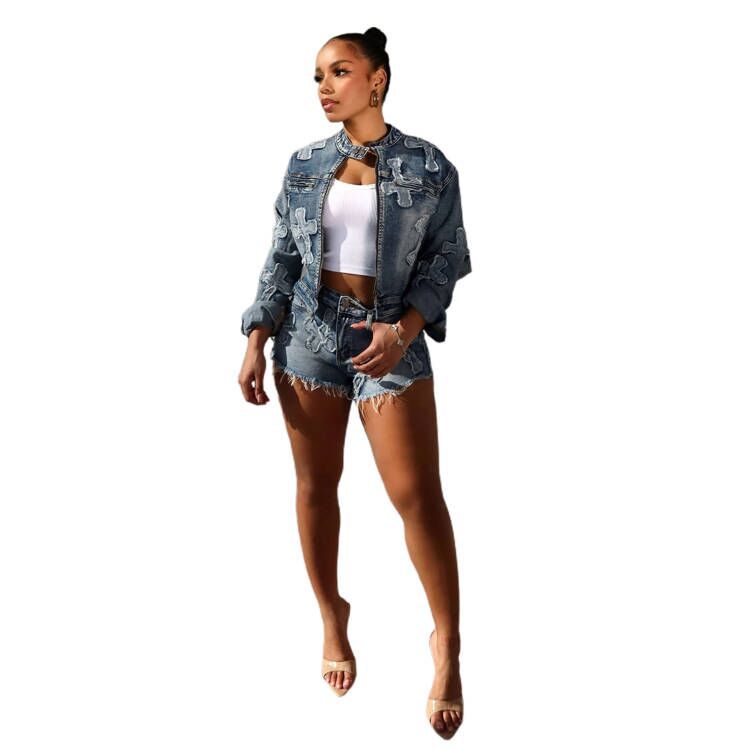 CNLONGBIDA Womens Tracksuits Sexy Denim Jean 2 Piece Matching Pant Set Outfits Summer Women Clothes Y2K Biker Shorts Suits Sets Cropped Tops