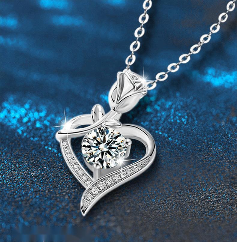 925 Sterling Silver Heart Shaped Rose Pendant Necklace for Women with Moissanite Diamond - High-End Look
