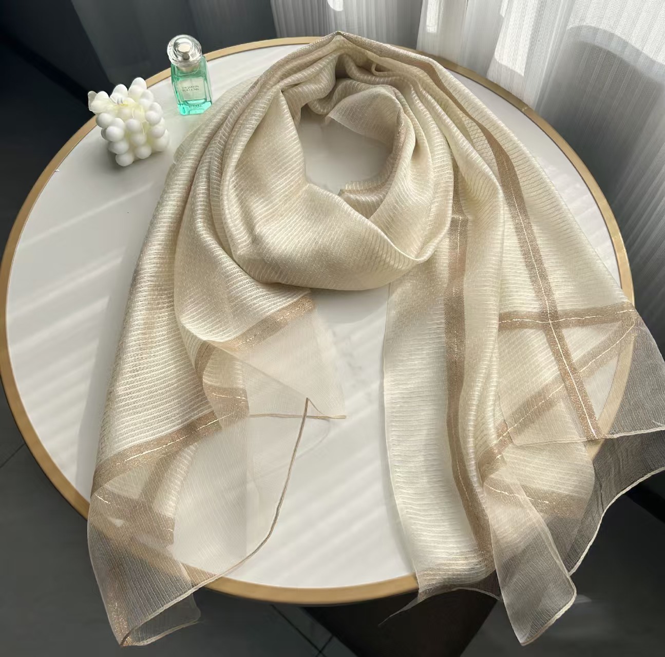 T648 mulberry silk border wide gold edge silk scarf plaid tie bag scarf sunscreen scarf high-end