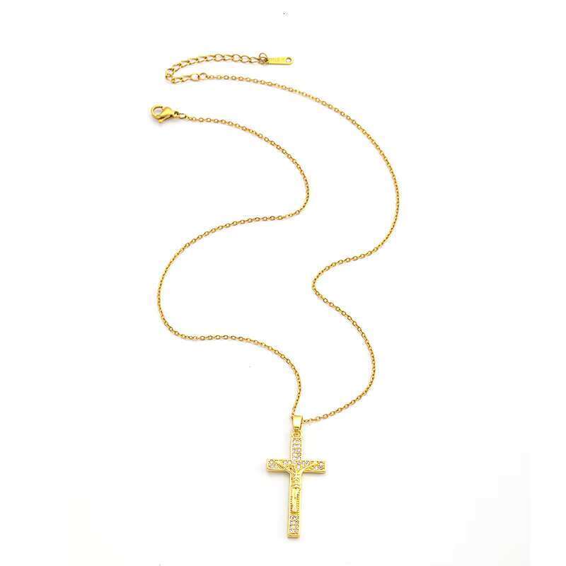 DHCollections Retro Religious Style Stainless Steel Inlaid Zircon Cross Bitter Frame Nailed Portrait Pendant Necklace for Unisex