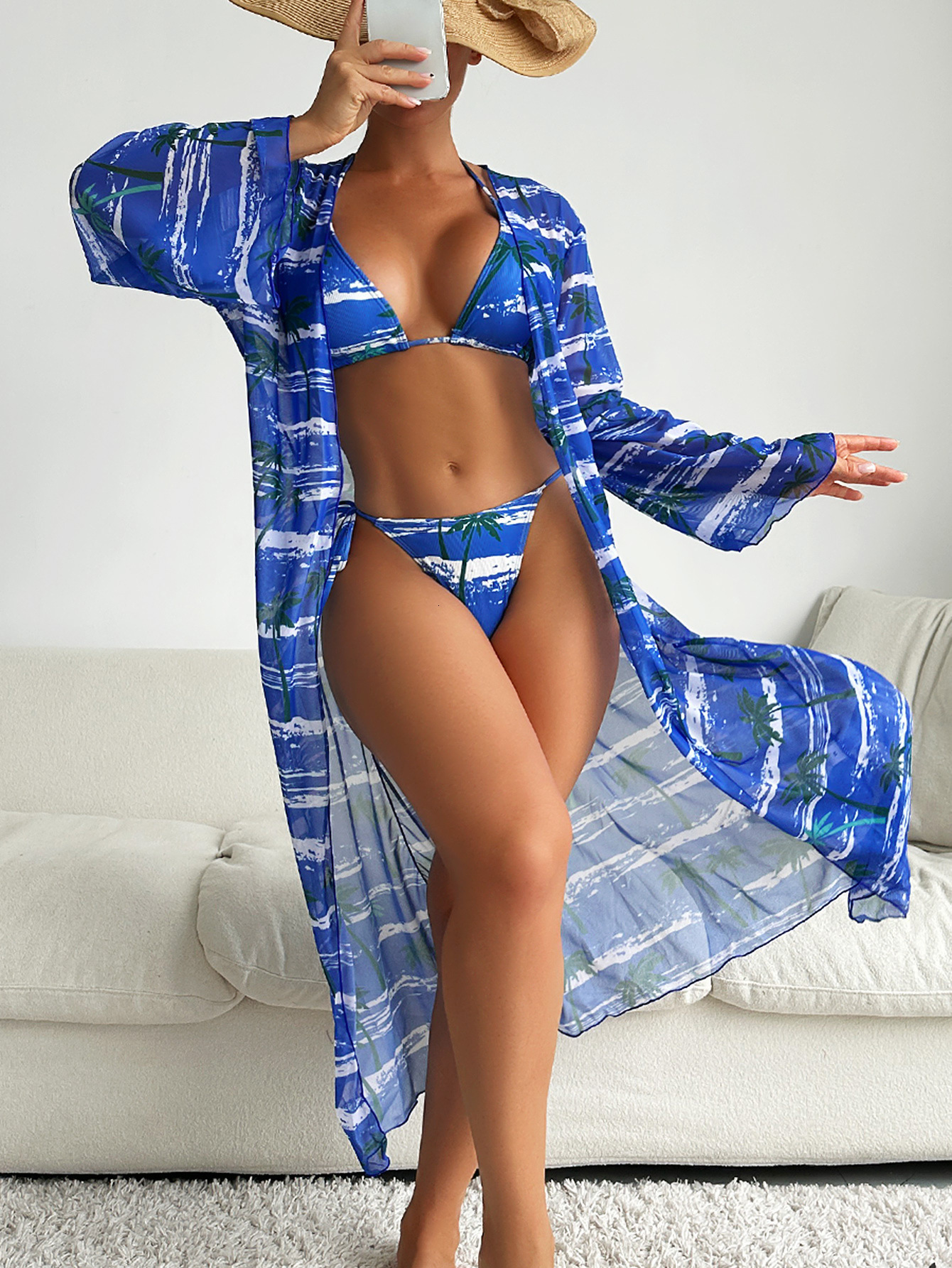 Fashionable special fabric printed bikini BIKINI cover up three piece set womens swimsuit 250507
