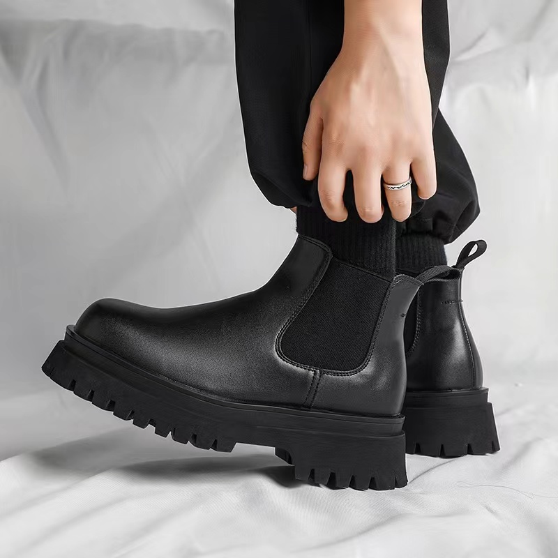 Men's 2025 PU leather ankle boots men's punk thick sole anti slip combat New black retro British style versatile shoes