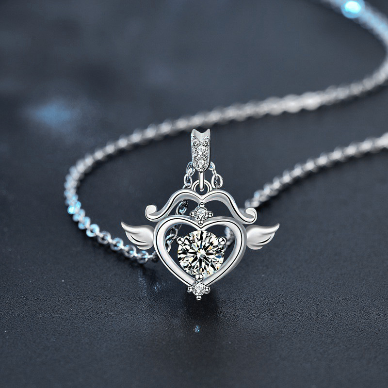 S925 Sterling Silver Cupid Arrow Heart Moissanite Necklace for Women, Dainty Pendant with Wings, Creative Gift for Anniversary or 520