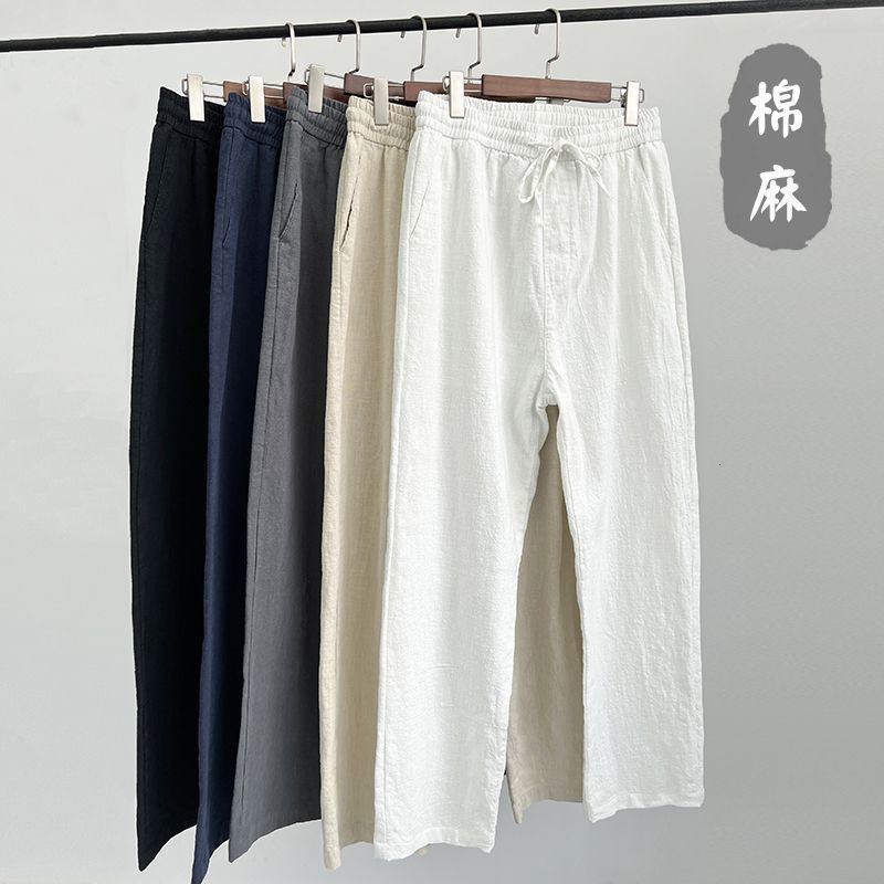 High end linen pants for men summer thin Chinese style cotton linen pants mens casual pants white loose straight leg pants 250507