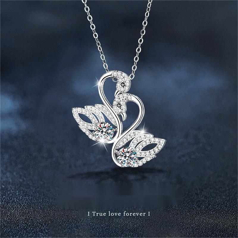 925 Silver Moissanite Double Swan Pendant Necklace Elegant Non-Fade Small Luxury DIY Jewelry for Women