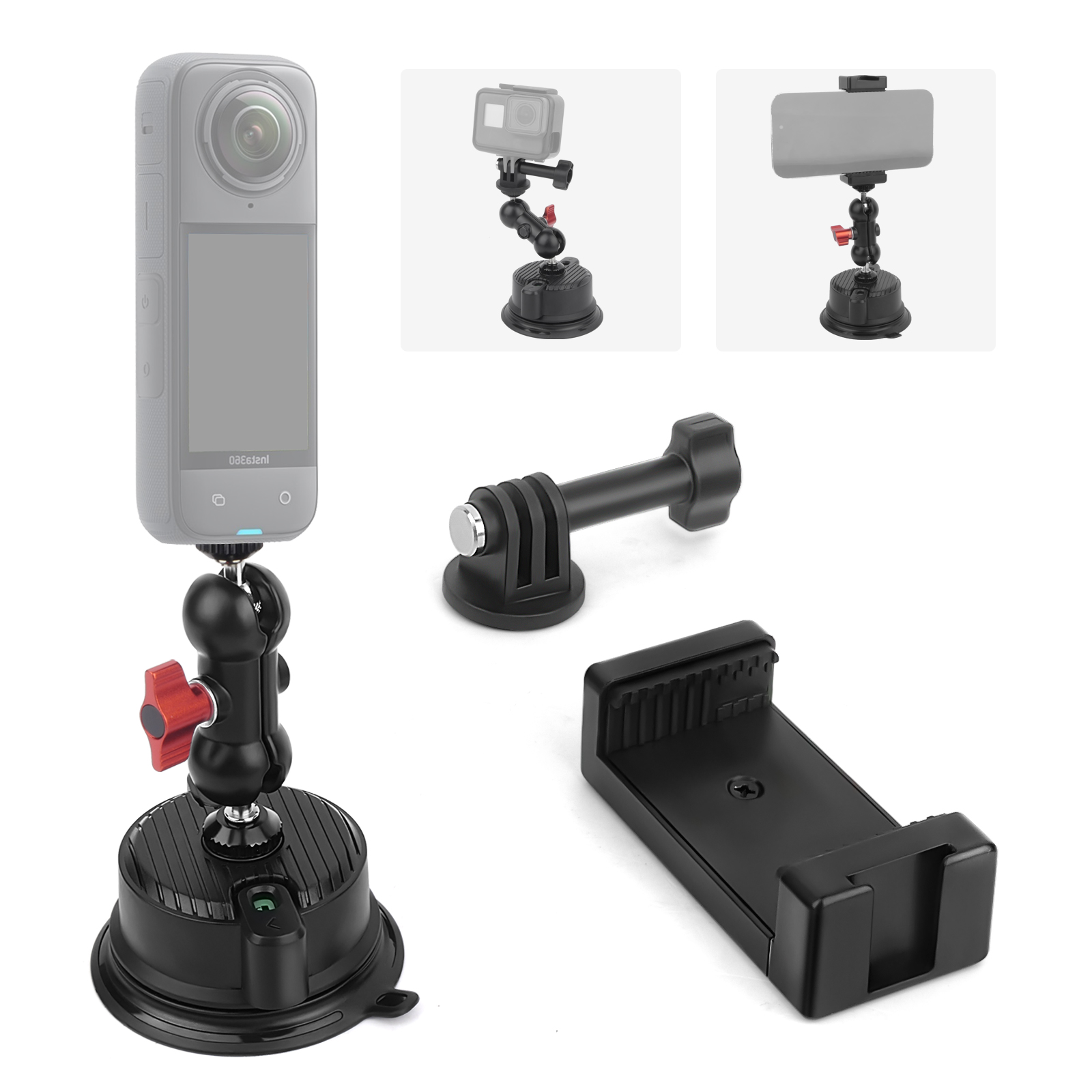 Suction Cup Car Mount with Phone Holder,360°Adjustable for Action Cameras & Smartphones,Dashboard,Boat Mount for Hero 13/12/11/10,DJI OSMO Action,Inst