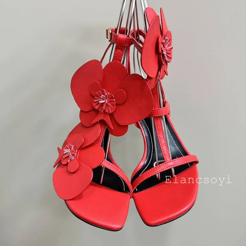 Summer leather flower decorated high heels sandals open thin with fashionable party dresses 250428