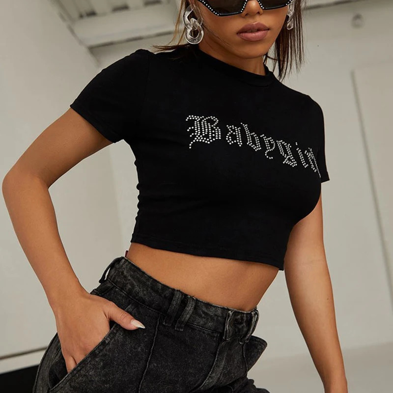 Rhinestone Punk Vintage Baby Girl Letters T-shirt Black Gothic Y2k Clothes Summer Tops Harajuku Short Sleeve Crop Tops Baby Tees 250506