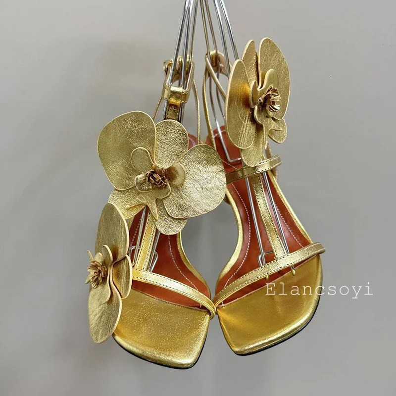 Summer leather flower decorated high heels sandals open thin with fashionable party dresses 250428