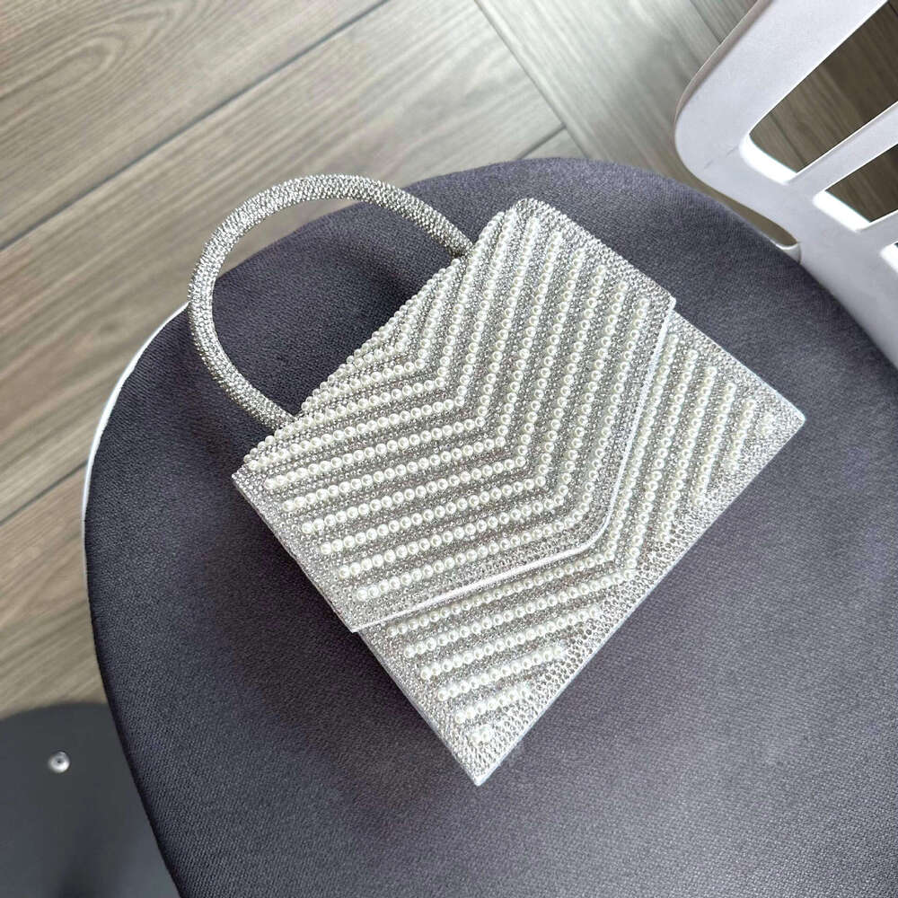 Dinner Bag New Sparkling Diamond Pearl Face Dinner Handbag Formal Dress Evening Dress Flip Cover Small Square Bag KTV Princess Bag KQ