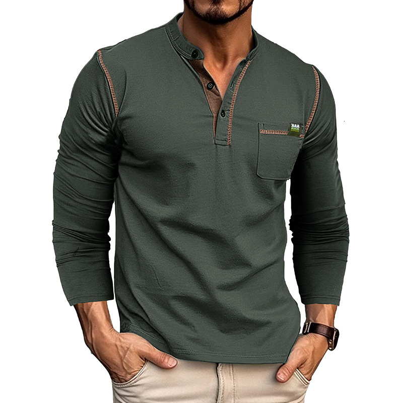 2024 men's long sleeved Henley shirt color blocked knit T-shirt for men
