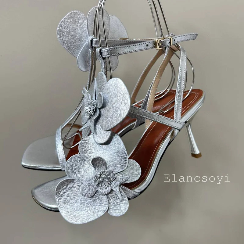Summer leather flower decorated high heels sandals open thin with fashionable party dresses 250428