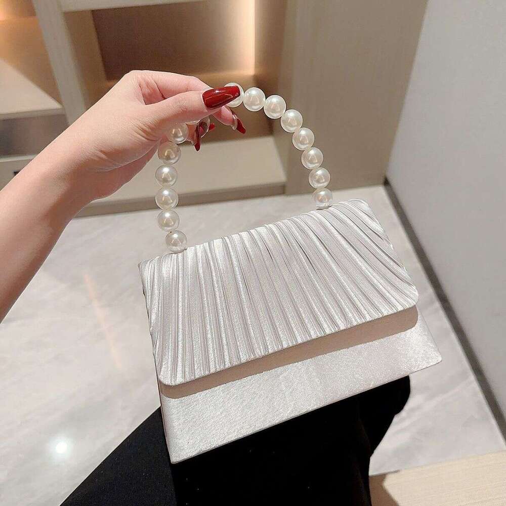 Dinner Bag New Satin Banquet Pearl String Handbag Formal Dress Elegant Pleated Flap Bag Socialite Small Square Bag KQ