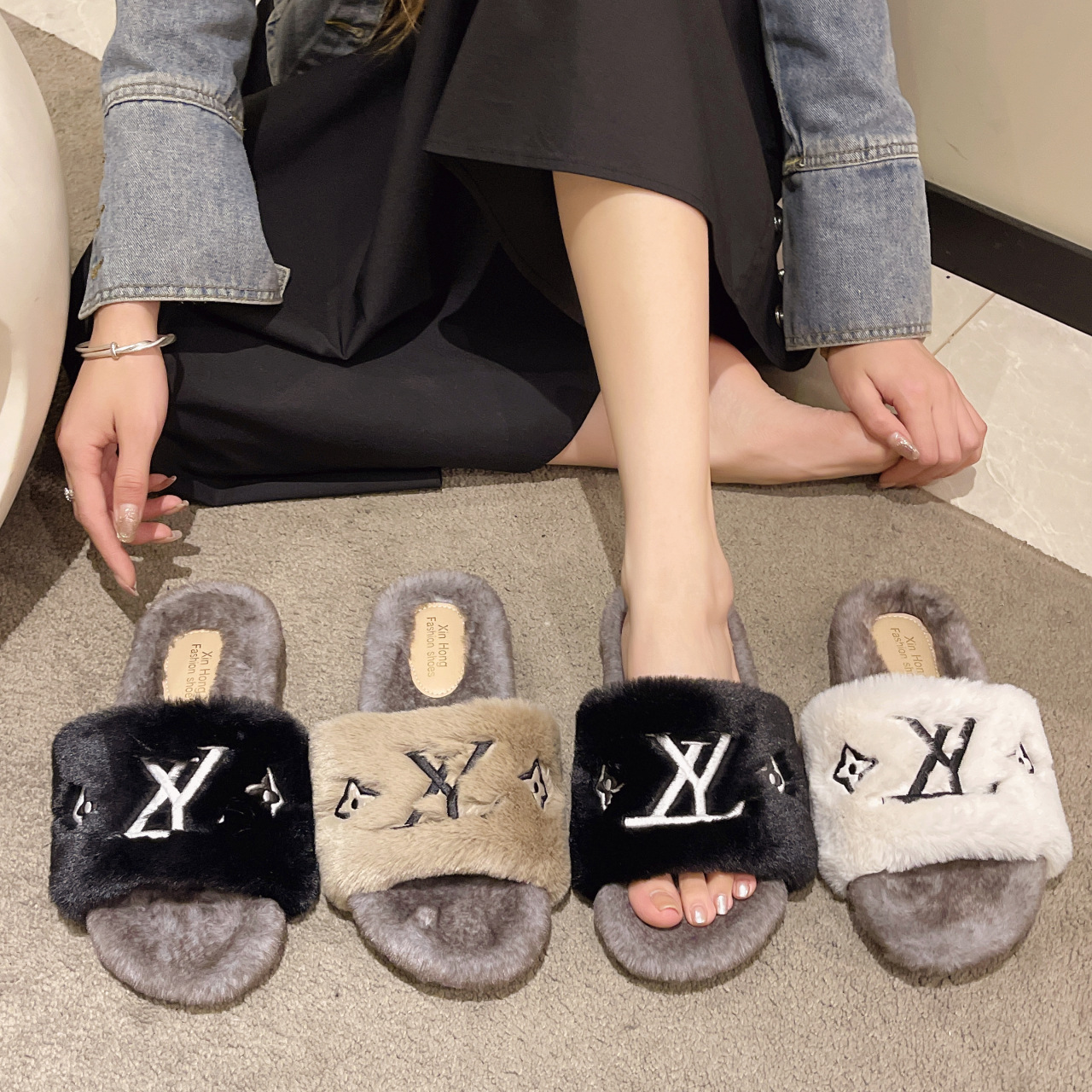 Free shipping designer Women 2025 Fairy Style Letter Embroidery One-character Fluffy Slippers, Small Chanel-style Outdoor Casual Plush slippers