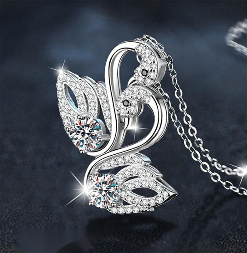 925 Silver Moissanite Double Swan Pendant Necklace Elegant Non-Fade Small Luxury DIY Jewelry for Women