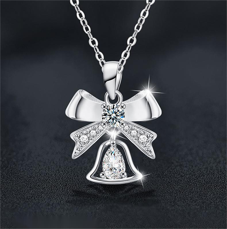 Elegant Bow and Bell Pendant Necklace in S925 Silver with Moissanite - Festive Holiday Charm Jewelry Gift for Women