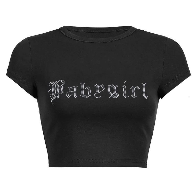 Rhinestone Punk Vintage Baby Girl Letters T-shirt Black Gothic Y2k Clothes Summer Tops Harajuku Short Sleeve Crop Tops Baby Tees 250506