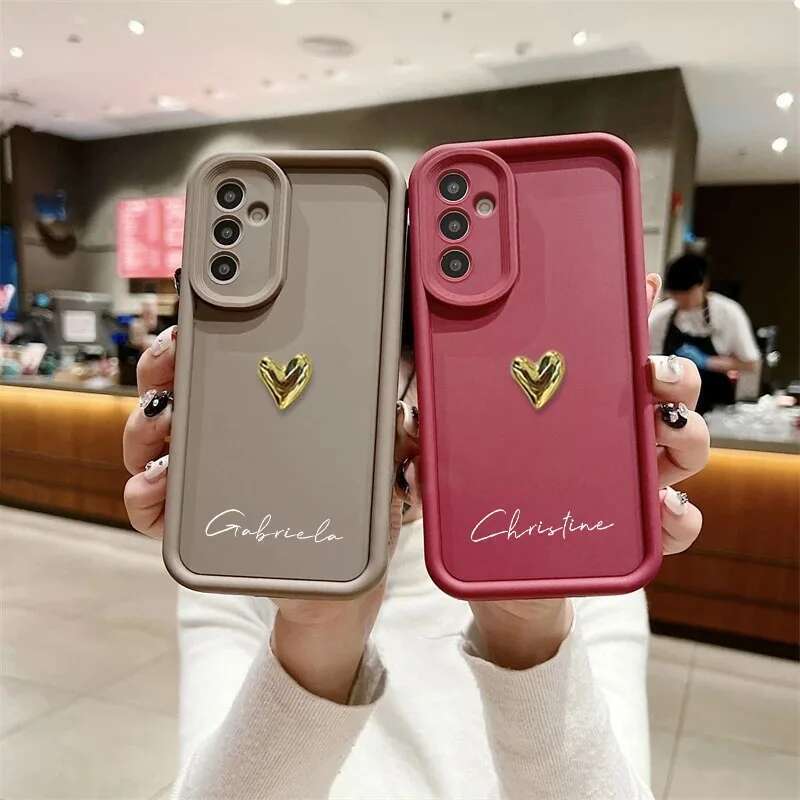 Personalized Customized Name Silicone 3D Gold Heart Case For Samsung Galaxy S25 S24 S23 S22 S21 S20 FE Ultra Plus Soft DIY Cover
