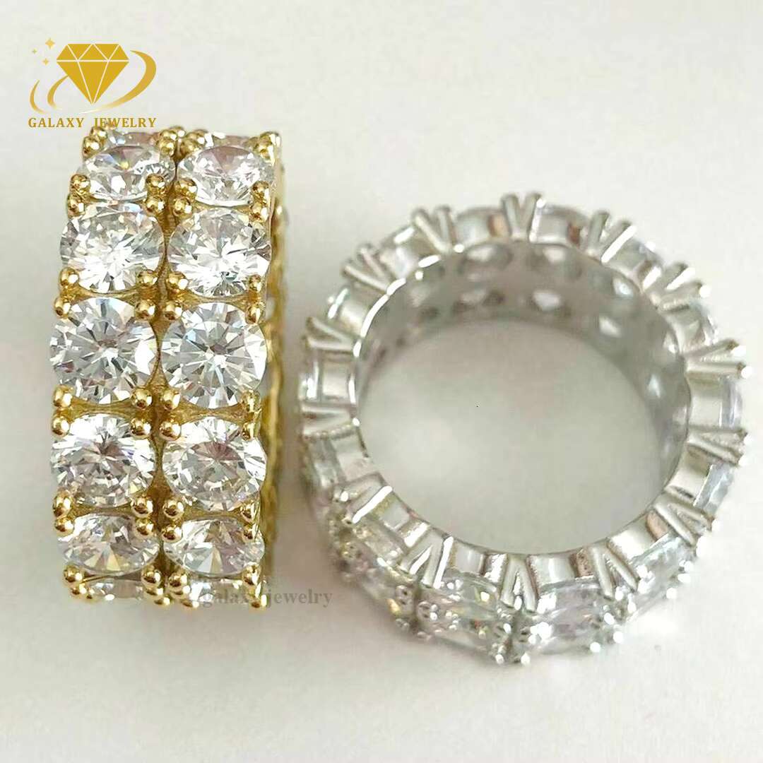 Men Jewelry Design Tennis Ring 14k Gold Plated Solid 925 Silver Moissanite Diamond Double Row Eternity Ring