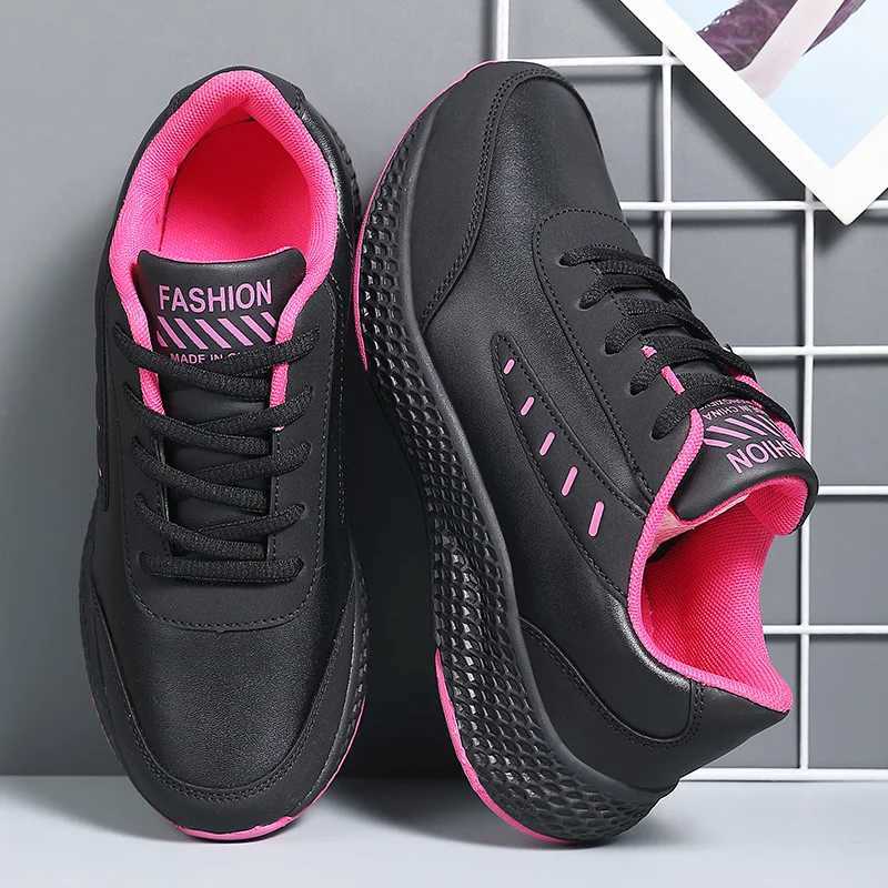 Womens Leather Sneakers Casual Sneakers Lace Up Flats Lightweight Comfortable Black Antislip Running Shoes Outdoor Sports Z250905