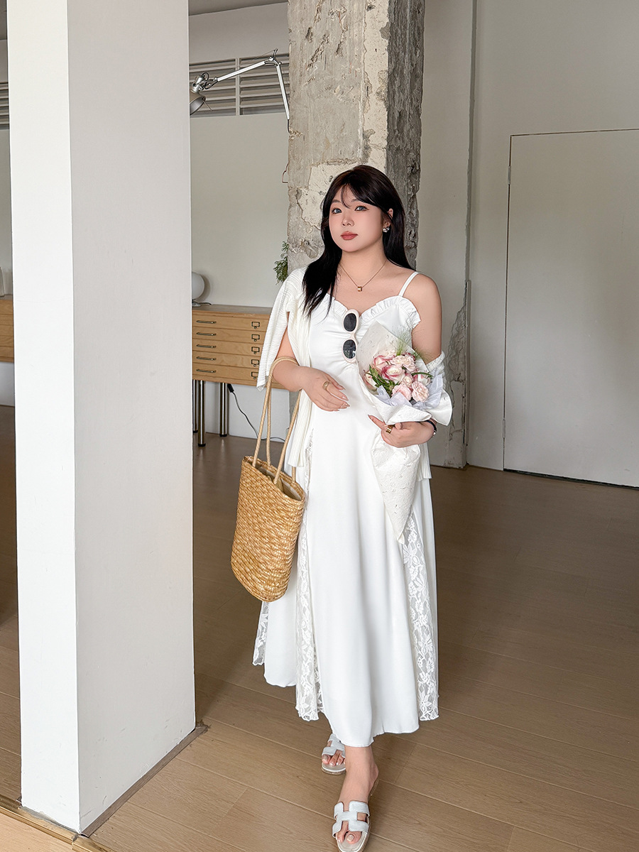 XX160 Summer plus size spring and summer elegant gentle splicing long suspender dress fleshy girl temperament lace dress