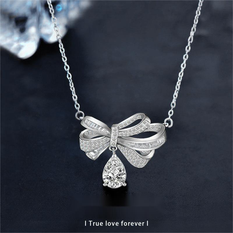 Elegant Bowknot Moissanite Necklace with Teardrop Pendant, S925 Sterling Silver Chain for Women, Romantic Gift for Qixi or Anniversary