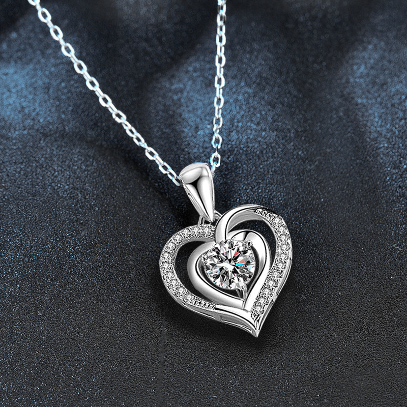 925 Sterling Silver Double Heart Moissanite Pendant Necklace Romantic Lock Collarbone Jewelry Gift for Girlfriend Birthday