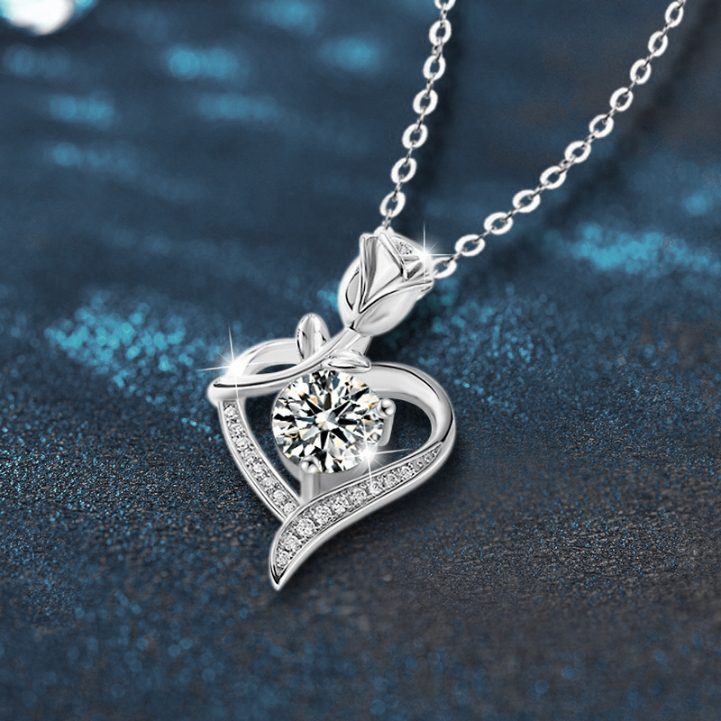 925 Sterling Silver Heart Shaped Rose Pendant Necklace for Women with Moissanite Diamond - High-End Look