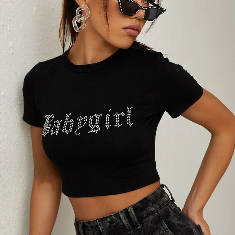 Rhinestone Punk Vintage Baby Girl Letters T-shirt Black Gothic Y2k Clothes Summer Tops Harajuku Short Sleeve Crop Tops Baby Tees 250506