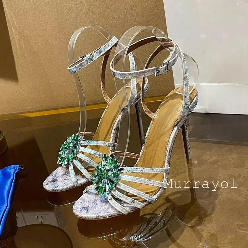 Water Diamond Flower Decorative Thin High Heels Sandals Genuine Leather Strip n Summer Party Dress Shoes 250428