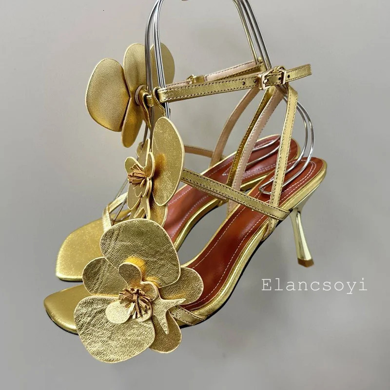 Summer leather flower decorated high heels sandals open thin with fashionable party dresses 250428