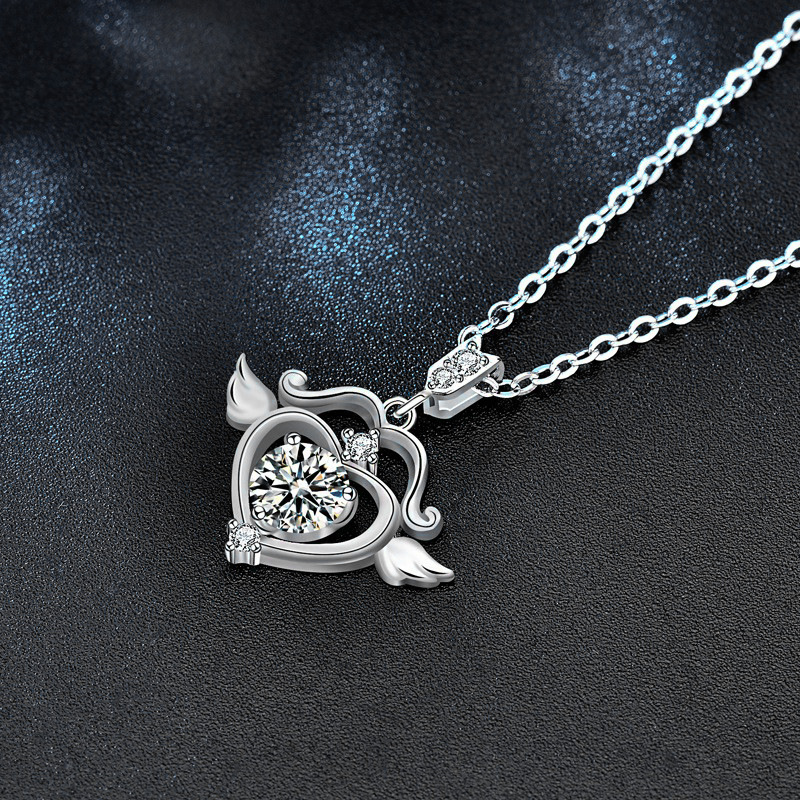 S925 Sterling Silver Cupid Arrow Heart Moissanite Necklace for Women, Dainty Pendant with Wings, Creative Gift for Anniversary or 520