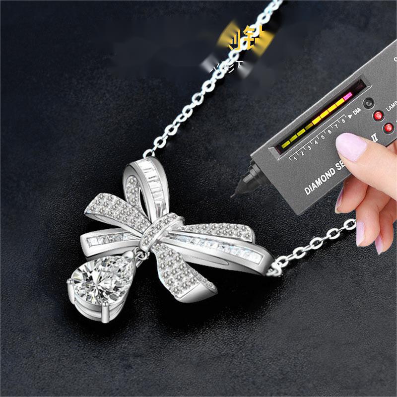 Elegant Bowknot Moissanite Necklace with Teardrop Pendant, S925 Sterling Silver Chain for Women, Romantic Gift for Qixi or Anniversary
