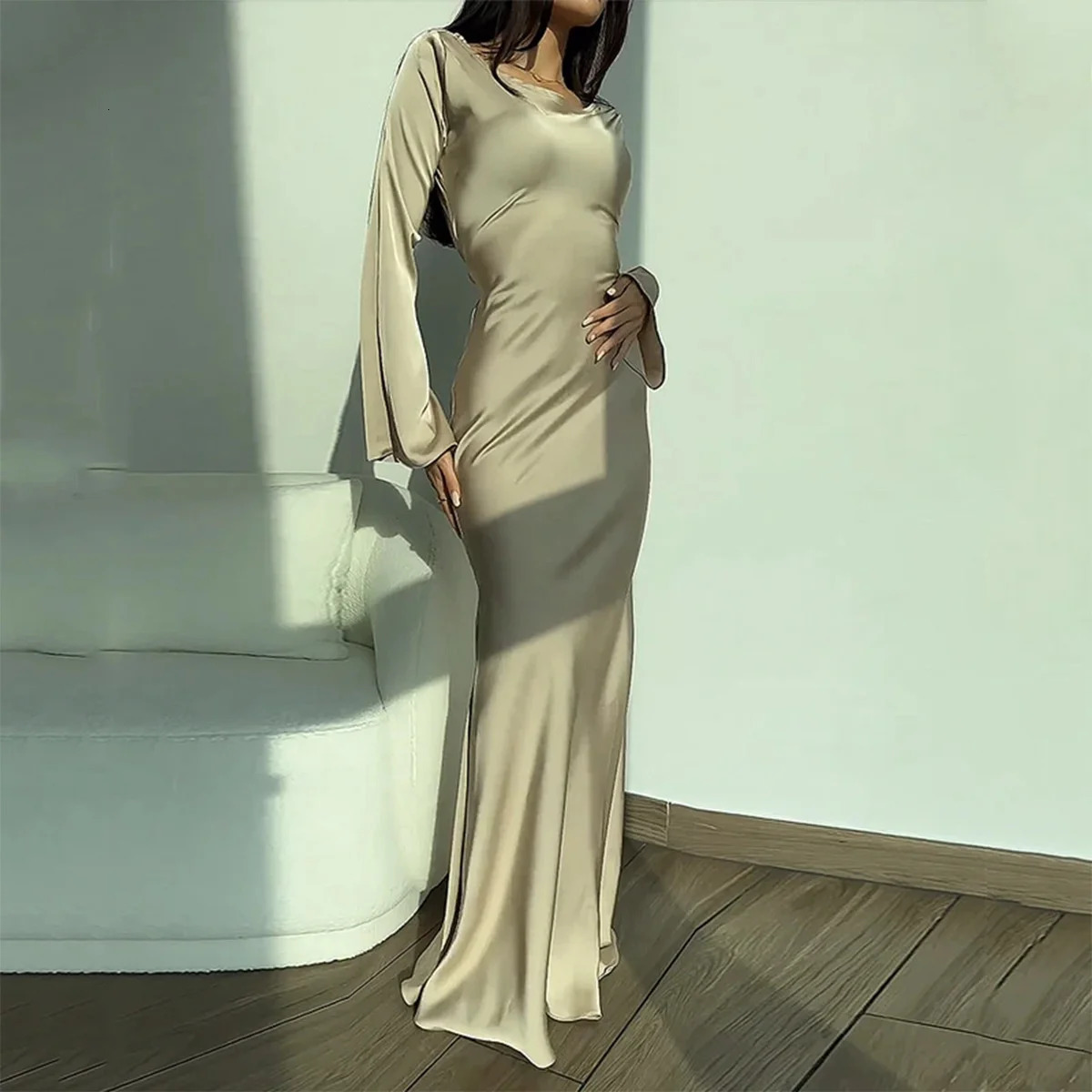 Womens Maxi dress 2025 silk long round neck satin sheer sleeves lace slim fit dress evening gown sexy chic robe 250427