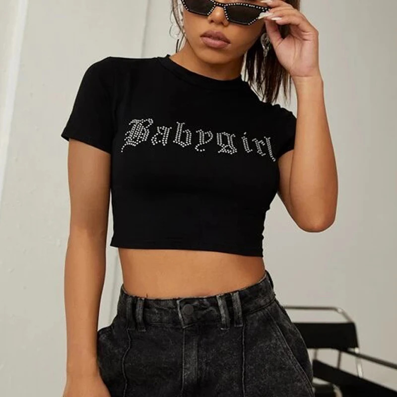 Rhinestone Punk Vintage Baby Girl Letters T-shirt Black Gothic Y2k Clothes Summer Tops Harajuku Short Sleeve Crop Tops Baby Tees 250506