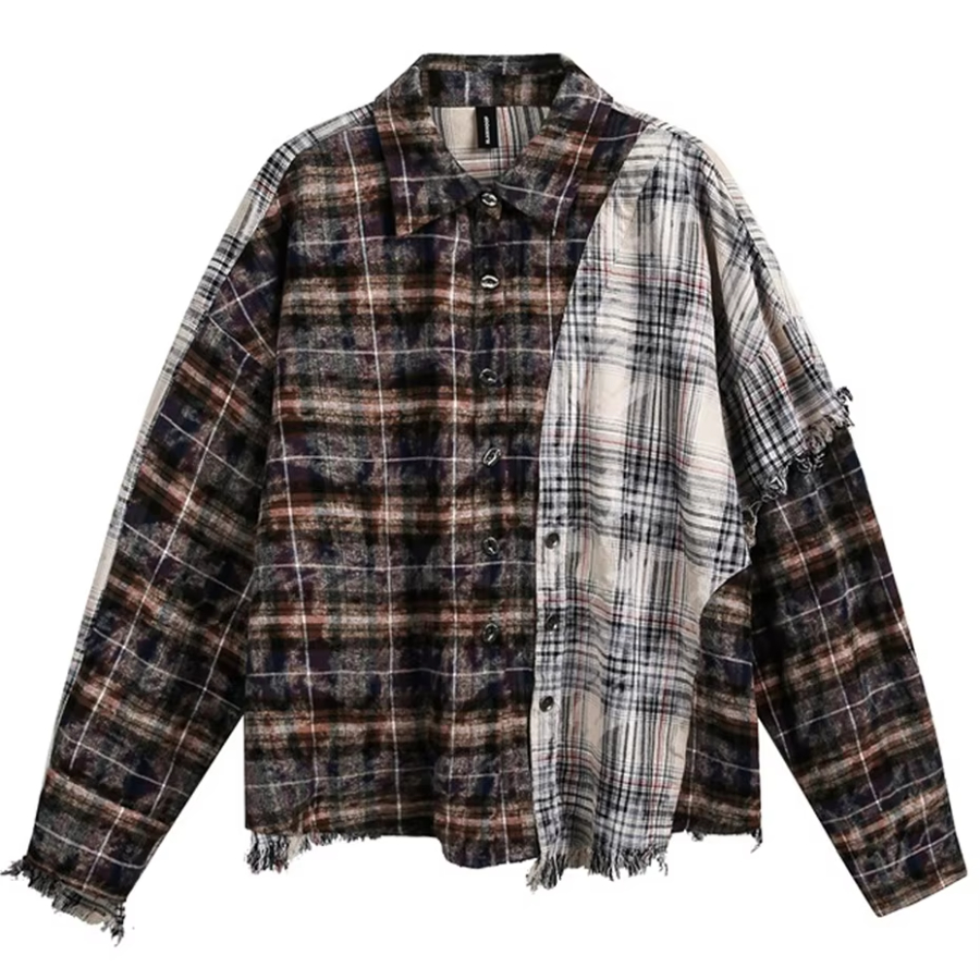 Vintage Patchwork Plaid Shirts Oversized Long Sleeve Shirts Button Up Blouse Men Streetwear Harajuku Hip Hop Shirts