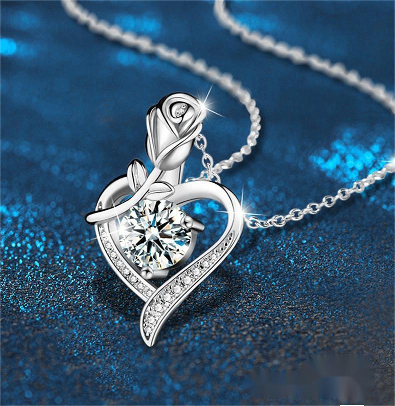 925 Sterling Silver Heart Shaped Rose Pendant Necklace for Women with Moissanite Diamond - High-End Look