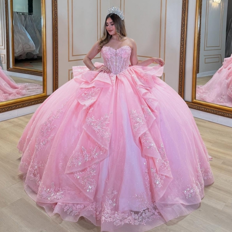 Pink Quinceanera Dresses Off Shoulder Ball Gown Sweet 16 Dress Applique Lace Beading Crystal Tull Birthday Party Vestidos 15 Anos