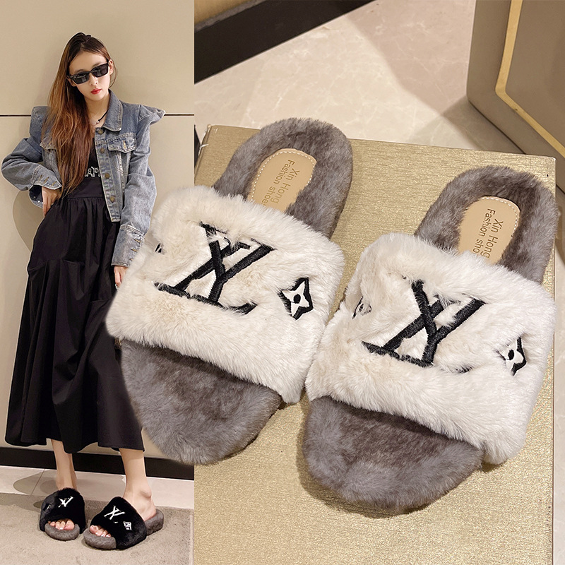 Free shipping designer Women 2025 Fairy Style Letter Embroidery One-character Fluffy Slippers, Small Chanel-style Outdoor Casual Plush slippers