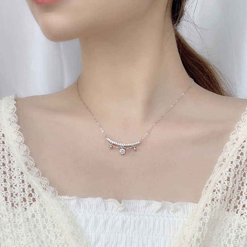 Princess Style S925 Silver Bell Pendant Necklace with Moissanite Charm for Women Gift Jewelry