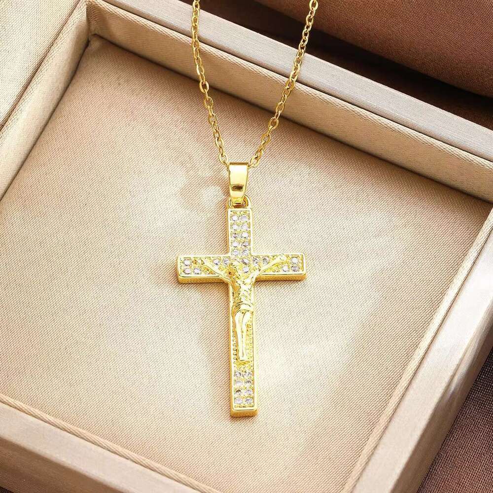 DHCollections Retro Religious Style Stainless Steel Inlaid Zircon Cross Bitter Frame Nailed Portrait Pendant Necklace for Unisex