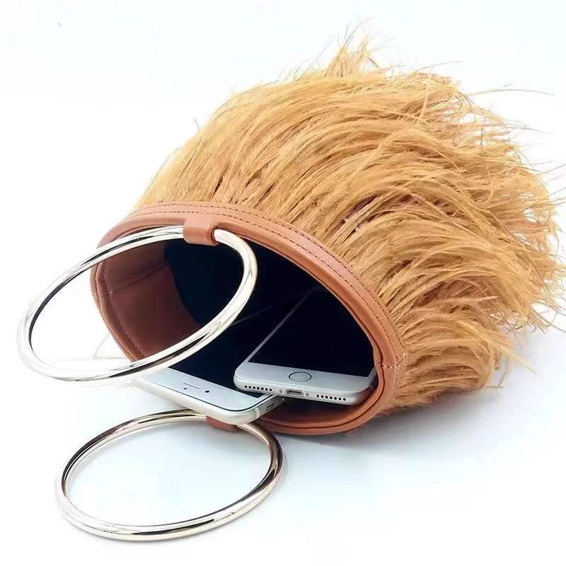 Metal Ring Handle Bucket Women's Handbag Fashion Ostrich Feather Evening Wedding Party Clutch Purse Shoulder Bag