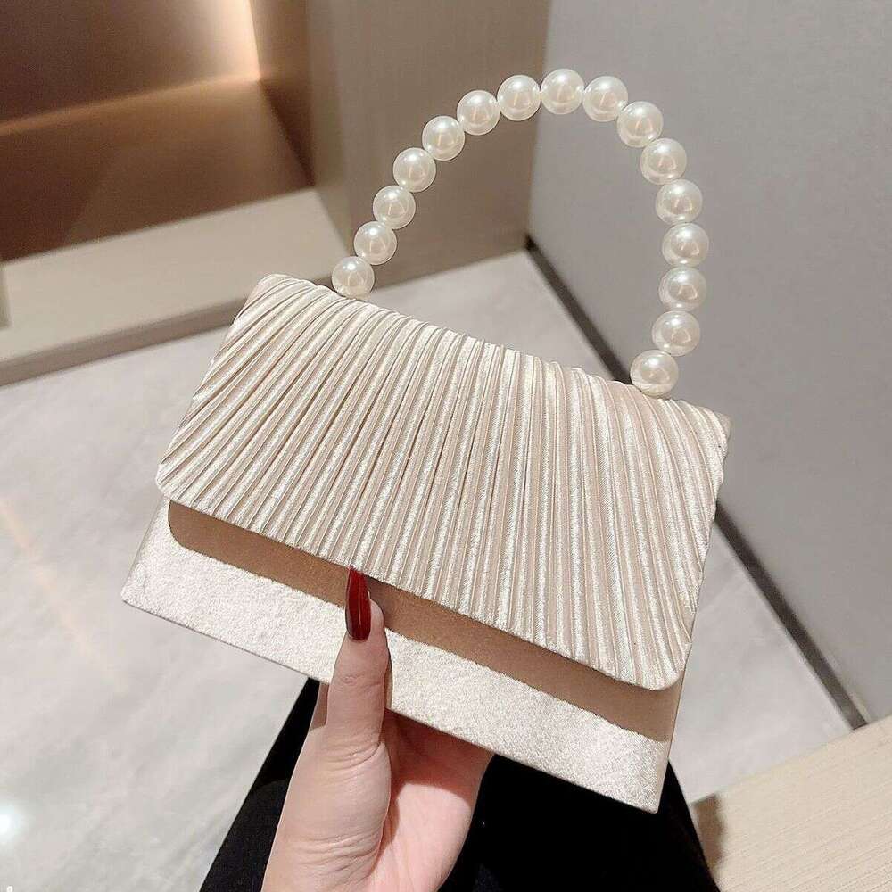 Dinner Bag New Satin Banquet Pearl String Handbag Formal Dress Elegant Pleated Flap Bag Socialite Small Square Bag KQ