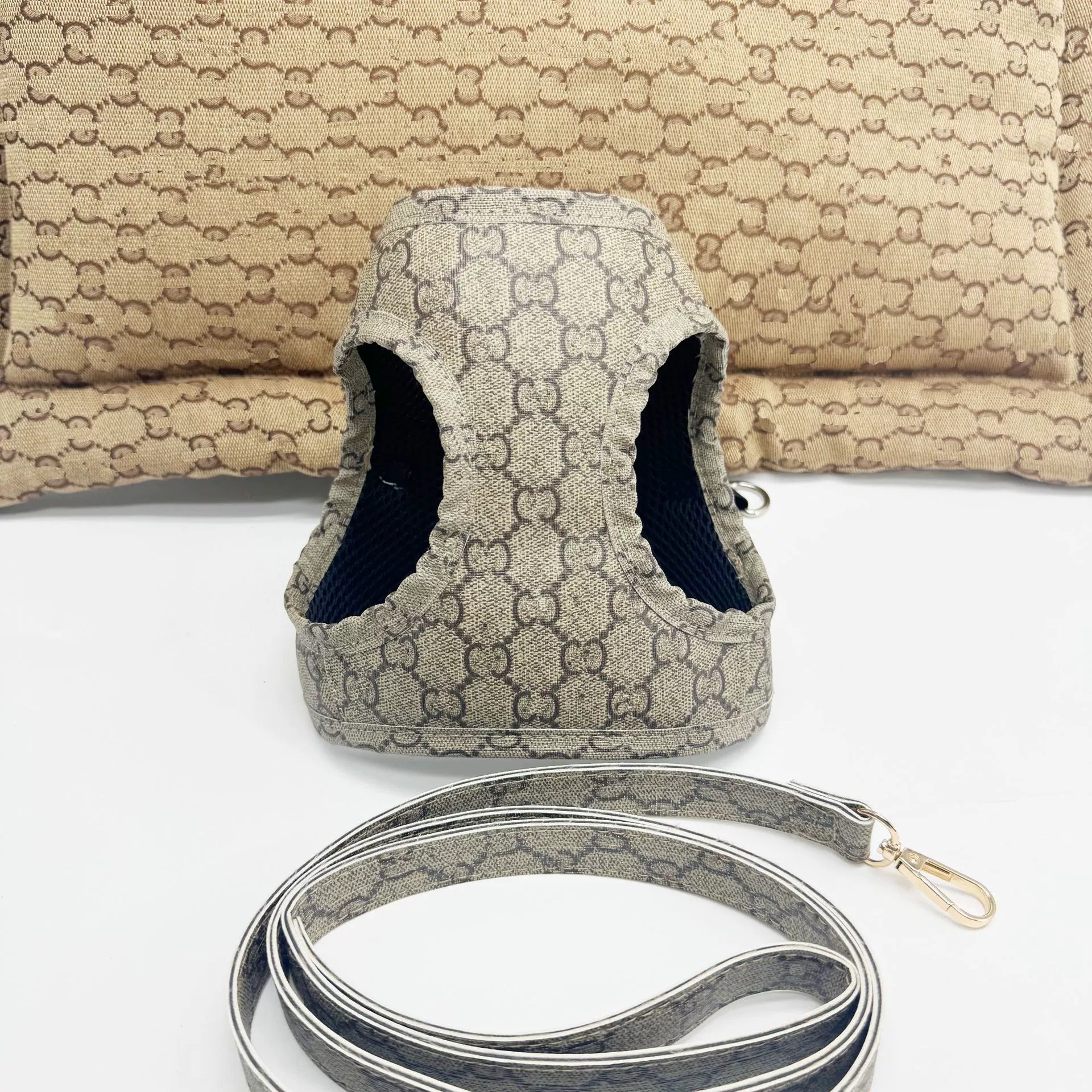 Designer Dog Leash Set Small No Pull, Khaki Adjustable with Padded Mesh Fabric and Classic Letter Pattern- Buckle Strap Harness for Dogs XL B275